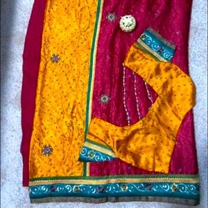 Pure Satin embroidered Saree Maroon and mustard yellow color